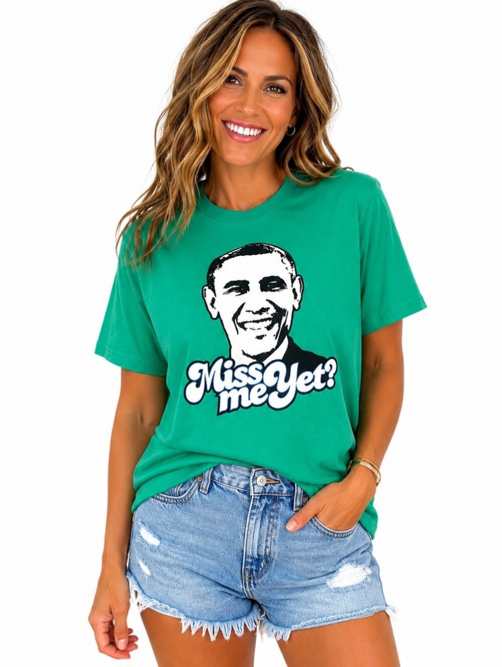 Barack Obama "Miss Me Yet?" Graphic T-Shirt Green Unisex Medium Political Tee